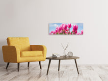 Laden Sie das Bild in den Galerie-Viewer, Leinwandbild Panorama Tulpenfeld in rosa