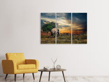 Laden Sie das Bild in den Galerie-Viewer, Leinwandbild 3-teilig Der Elefant im Sonnenuntergang