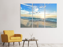 Laden Sie das Bild in den Galerie-Viewer, Leinwandbild 3-teilig Die Möwen und das Meer bei Sonnenaufgang
