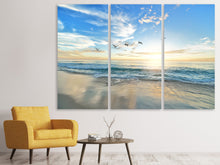 Laden Sie das Bild in den Galerie-Viewer, Leinwandbild 3-teilig Die Möwen und das Meer bei Sonnenaufgang