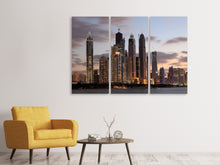 Laden Sie das Bild in den Galerie-Viewer, Leinwandbild 3-teilig Skyline Dubai bei Sonnenuntergang