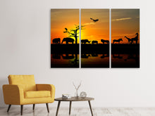 Laden Sie das Bild in den Galerie-Viewer, Leinwandbild 3-teilig Safarietiere bei Sonnenuntergang