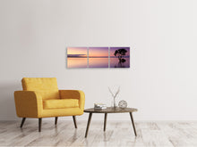 Laden Sie das Bild in den Galerie-Viewer, Panorama Leinwandbild 3-teilig Sonnenuntergang am Baum im Wasser