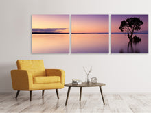 Laden Sie das Bild in den Galerie-Viewer, Panorama Leinwandbild 3-teilig Sonnenuntergang am Baum im Wasser