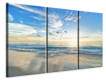 Laden Sie das Bild in den Galerie-Viewer, Leinwandbild 3-teilig Die Möwen und das Meer bei Sonnenaufgang