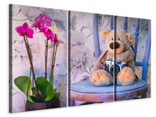 Laden Sie das Bild in den Galerie-Viewer, Leinwandbild 3-teilig Kamera Teddybär