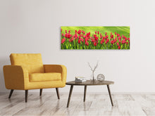 Laden Sie das Bild in den Galerie-Viewer, Leinwandbild Panorama Rotes Tulpenfeld im Sonnenlicht
