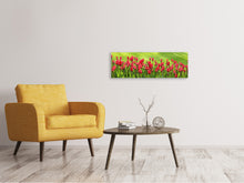 Laden Sie das Bild in den Galerie-Viewer, Leinwandbild Panorama Rotes Tulpenfeld im Sonnenlicht