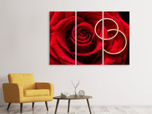 Laden Sie das Bild in den Galerie-Viewer, Leinwandbild 3-teilig Eheringe auf der Rose