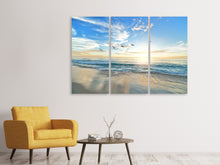 Laden Sie das Bild in den Galerie-Viewer, Leinwandbild 3-teilig Die Möwen und das Meer bei Sonnenaufgang