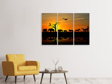 Laden Sie das Bild in den Galerie-Viewer, Leinwandbild 3-teilig Safarietiere bei Sonnenuntergang