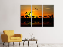 Laden Sie das Bild in den Galerie-Viewer, Leinwandbild 3-teilig Safarietiere bei Sonnenuntergang