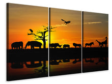 Laden Sie das Bild in den Galerie-Viewer, Leinwandbild 3-teilig Safarietiere bei Sonnenuntergang