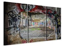 Laden Sie das Bild in den Galerie-Viewer, Leinwandbild 3-teilig Graffiti in alter Lagerhalle