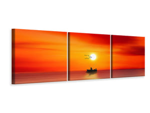 Panorama Leinwandbild 3-teilig Ein Fischer im Sonnenuntergang