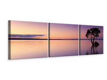 Laden Sie das Bild in den Galerie-Viewer, Panorama Leinwandbild 3-teilig Sonnenuntergang am Baum im Wasser
