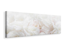 Laden Sie das Bild in den Galerie-Viewer, Leinwandbild Panorama Weisse Rosen im Morgentau